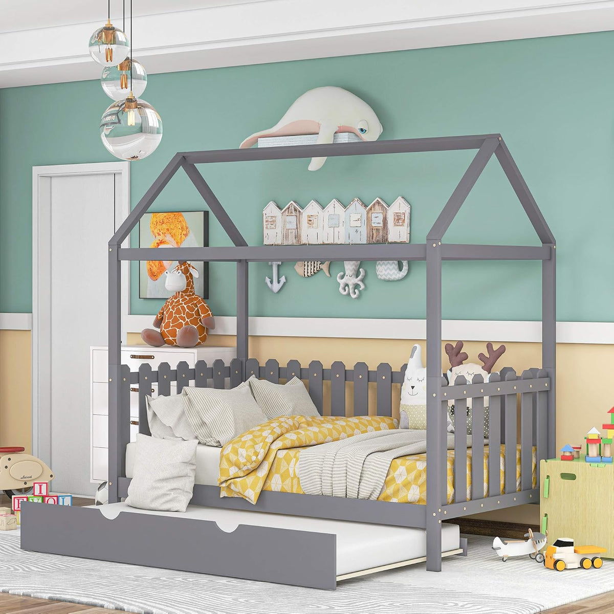 White Twin House Shape Wooden Floor Bed with Trundle C67920
