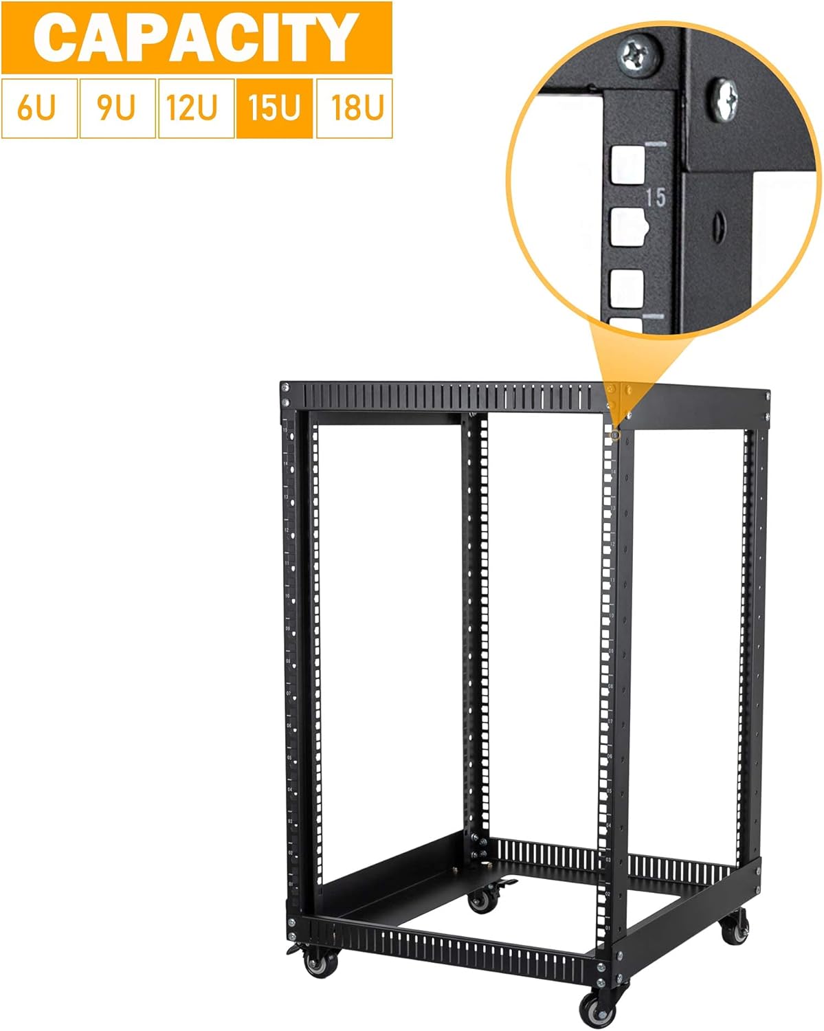 18U 4 Post Open Frame Server Rack with Brake Casters Black S131532