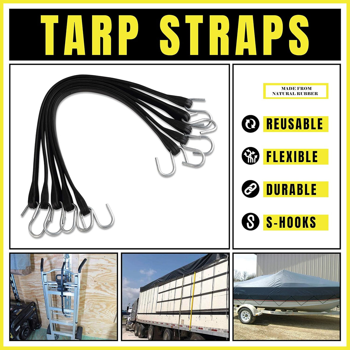Natural Rubber Bungee Cords with Hooks 15" Pack of 50 A965854