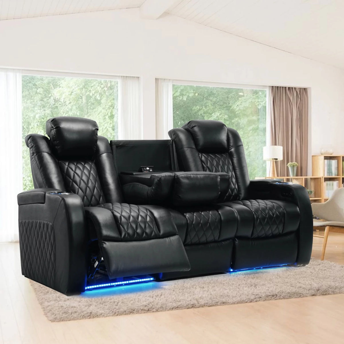 Top Grain Leather Recliner Chair Row of 3 Black W7638