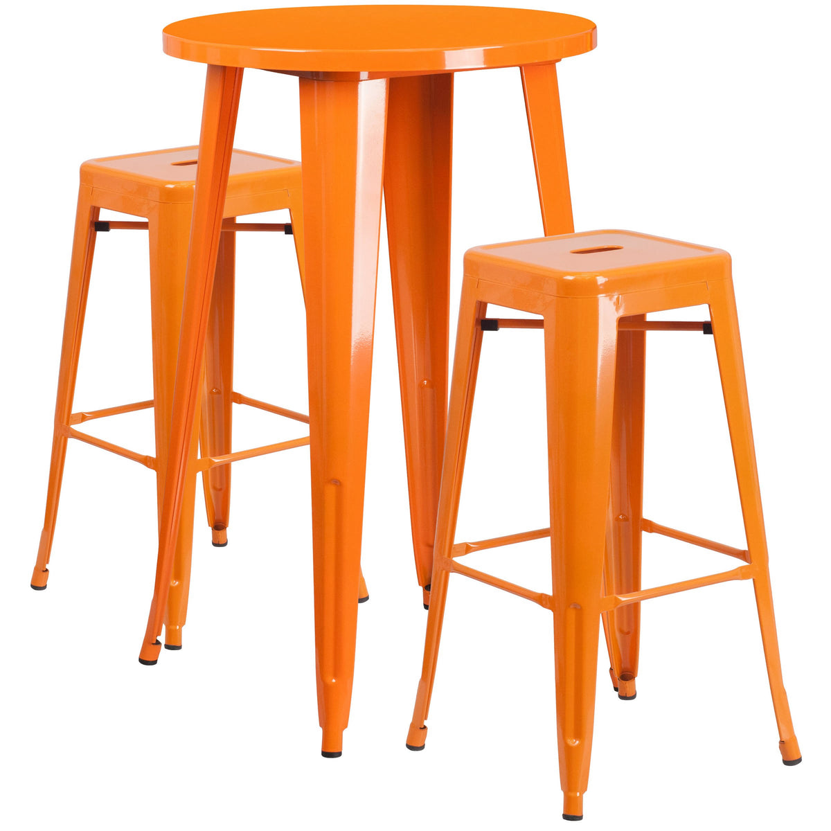 24'' Round Metal Indoor-Outdoor Bar Table Set with 2 Backless Stools, Orange J387344