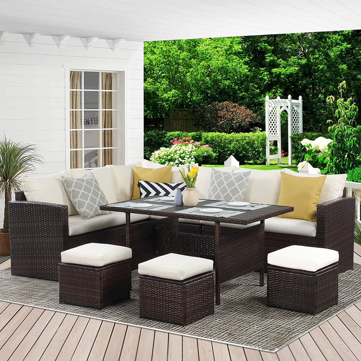 Ivory 7 Piece Outdoor Wicker Dining Sectional Sofa with Ottoman K26359