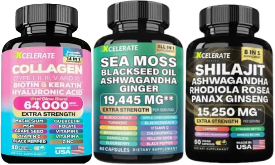 Collagen Peptides Types I, II, III, V & X Biotin Keratin Shilajit Ashwagandha Sea Moss Black Seed Oil 3 Bottle S972