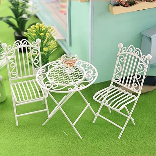 Miniature Bistro Table & Chairs Set Metal 1:12 Scale White Furniture Z33287