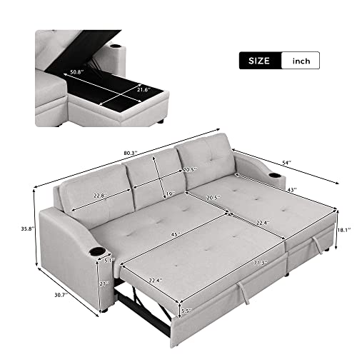 80.3" Linen Fabric 3 Seater Sofa Bed with Storage Chaise S3183