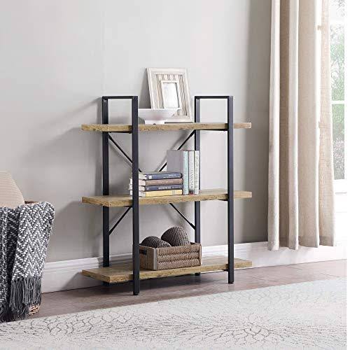 Rustic Oak 3 Shelves Wood & Metal Bookshelf C252165