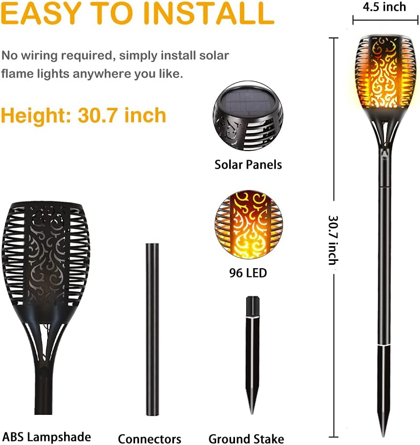 6 Pack Solar Outdoor Lights 96 LED Flickering Flames Waterproof B30342