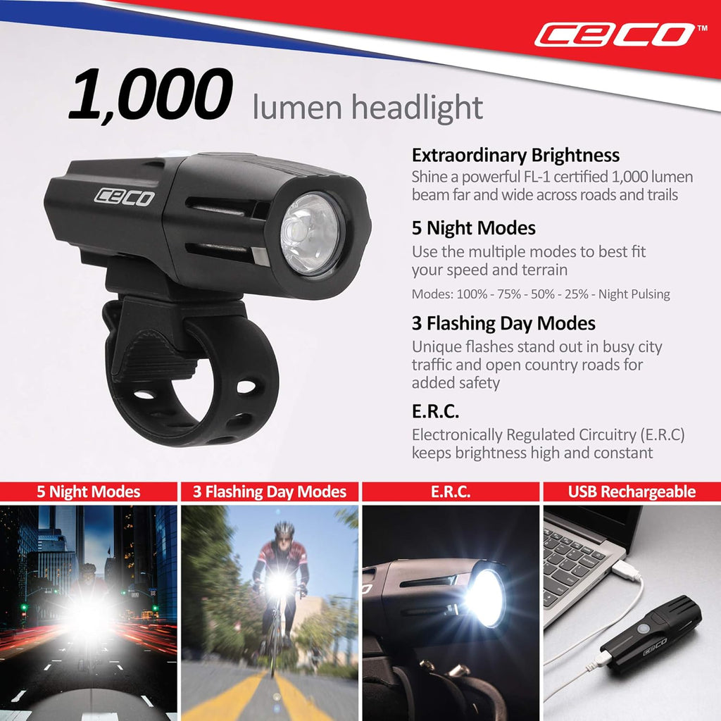 1,000 Lumen Headlight & 100 Lumen Tail Light Combo Pack, USB Rechargeable Bike Light Set, Pack of 2 E57509