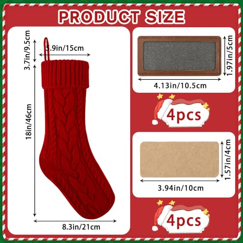 4 Pack 18 Inch Cable Knitted Christmas Stockings with Name Tags Red White K940