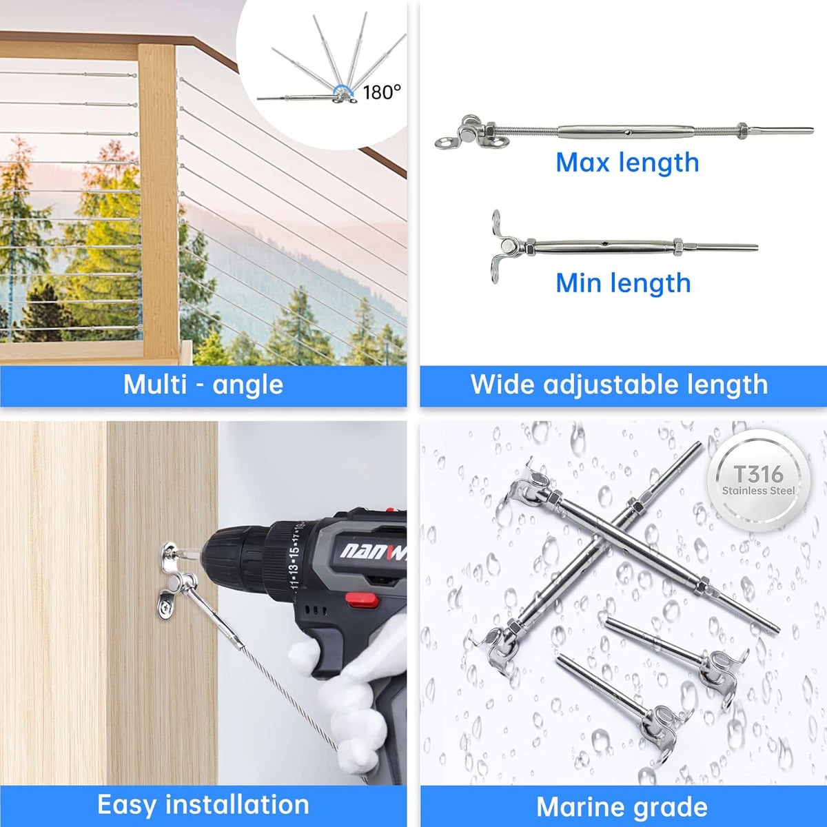 12Set Cable Railing Kit 1/8 T316 Stainless Steel Angle 180° Adjustable G93917