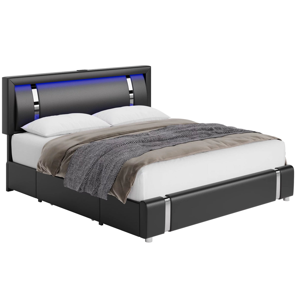 White Queen Size LED Bed Frame with 2 Storage Drawers E514