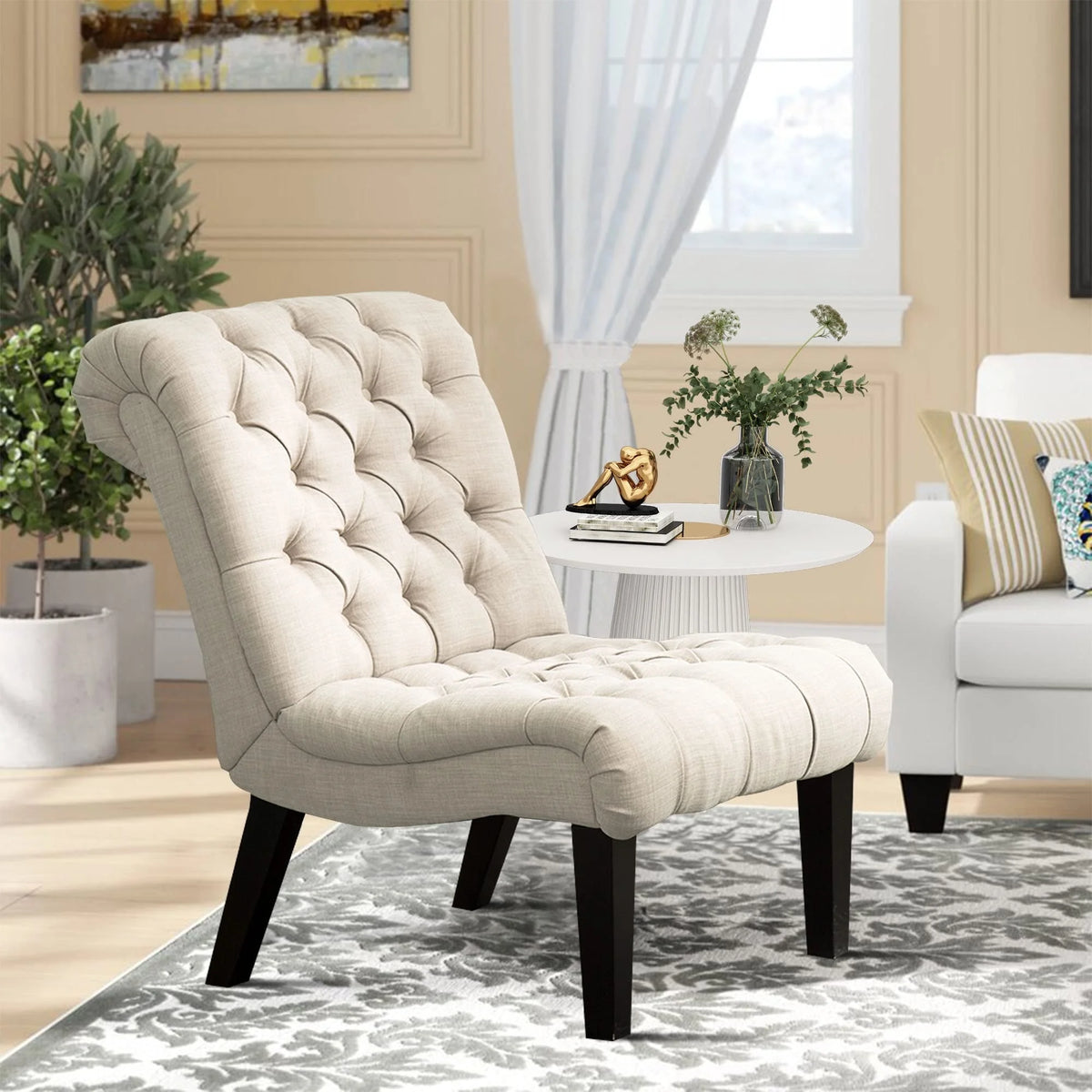 Cream Linen Tufted Accent Chair with Wood Legs P878706
