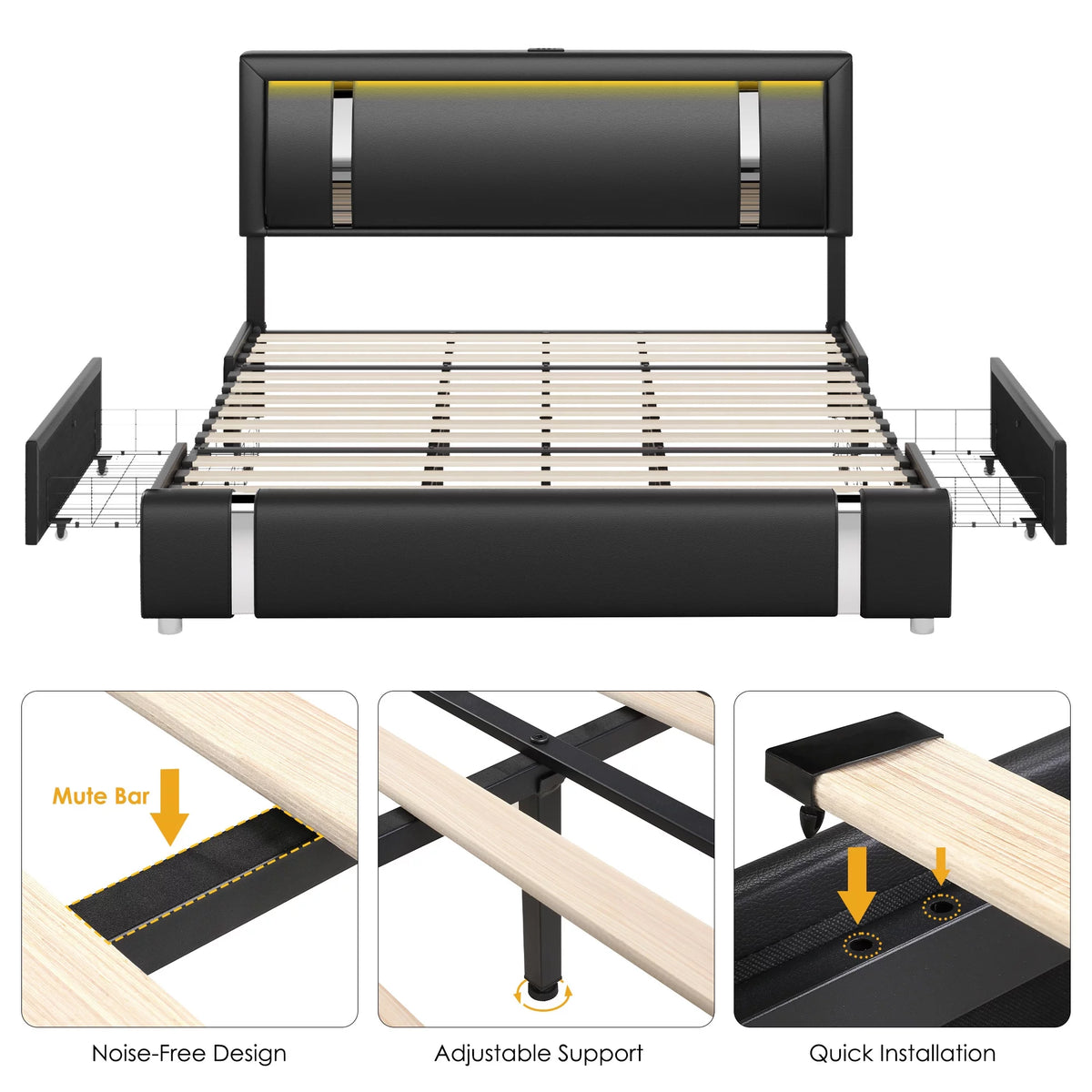 White Queen Size LED Bed Frame with 2 Storage Drawers E514
