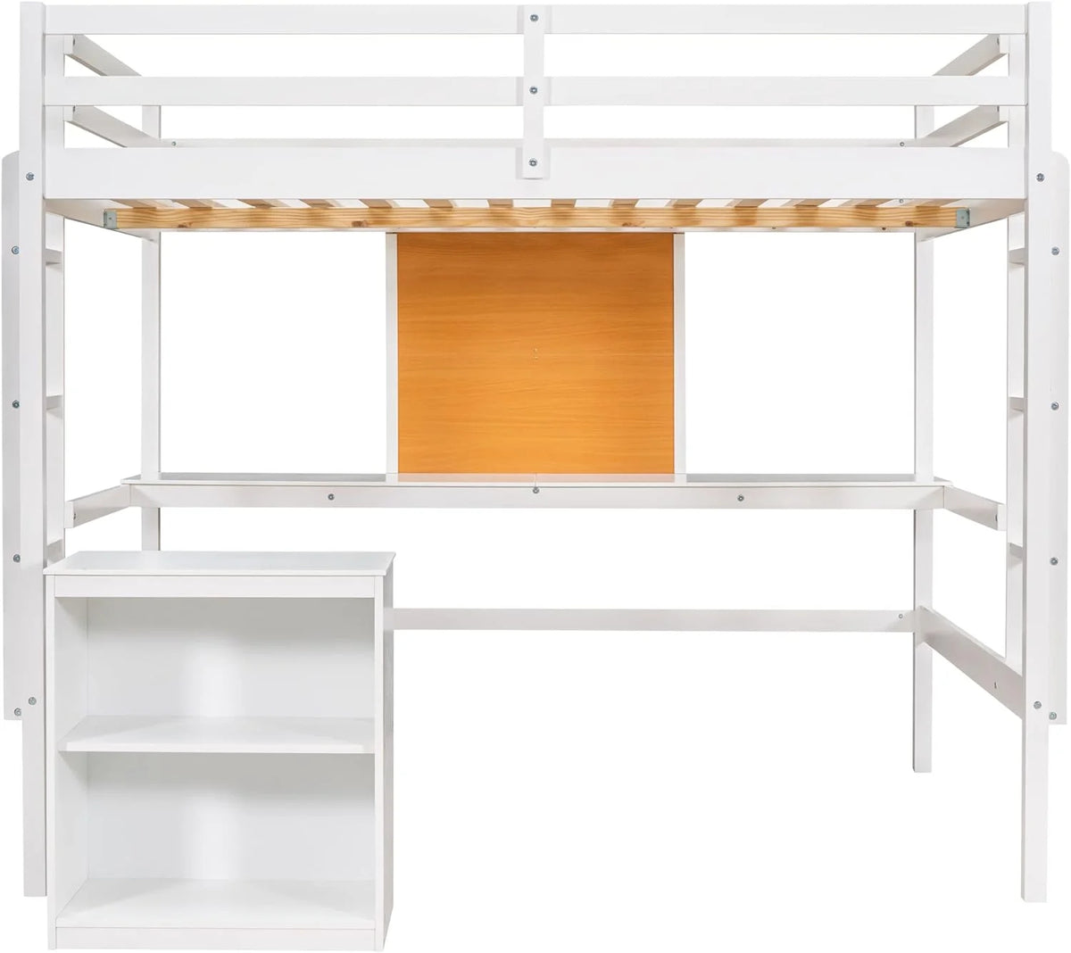 White Full Size Wood Loft Bed Frame with Desk and Storage Shelves B4709