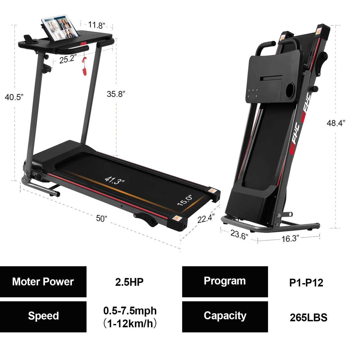 Folding Treadmill with Desk 2.5HP Compact Electric Treadmill W858158
