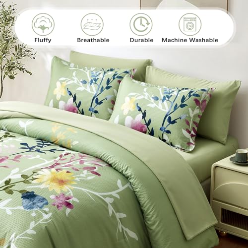 Sage Green King Floral Comforter Set with Sheets and Pillowcases K8112