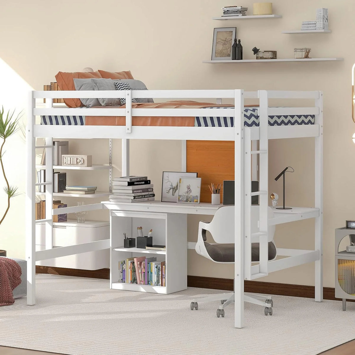White Full Size Wood Loft Bed Frame with Desk and Storage Shelves B4709