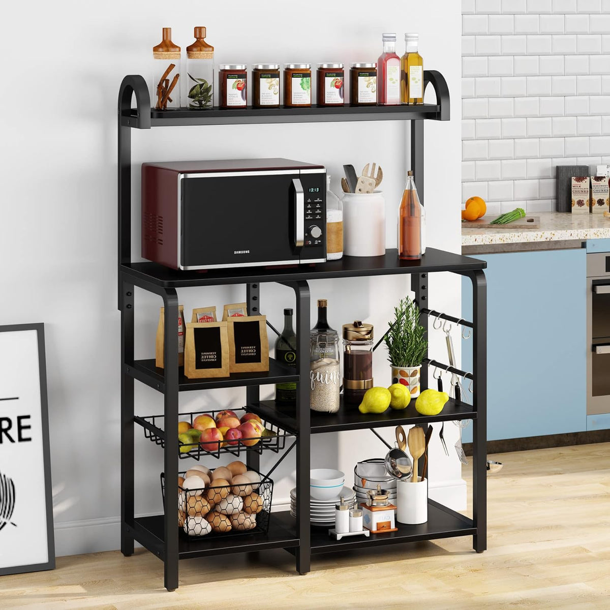White Industrial Kitchen Cart with Wire Basket and 6 Hooks A1497