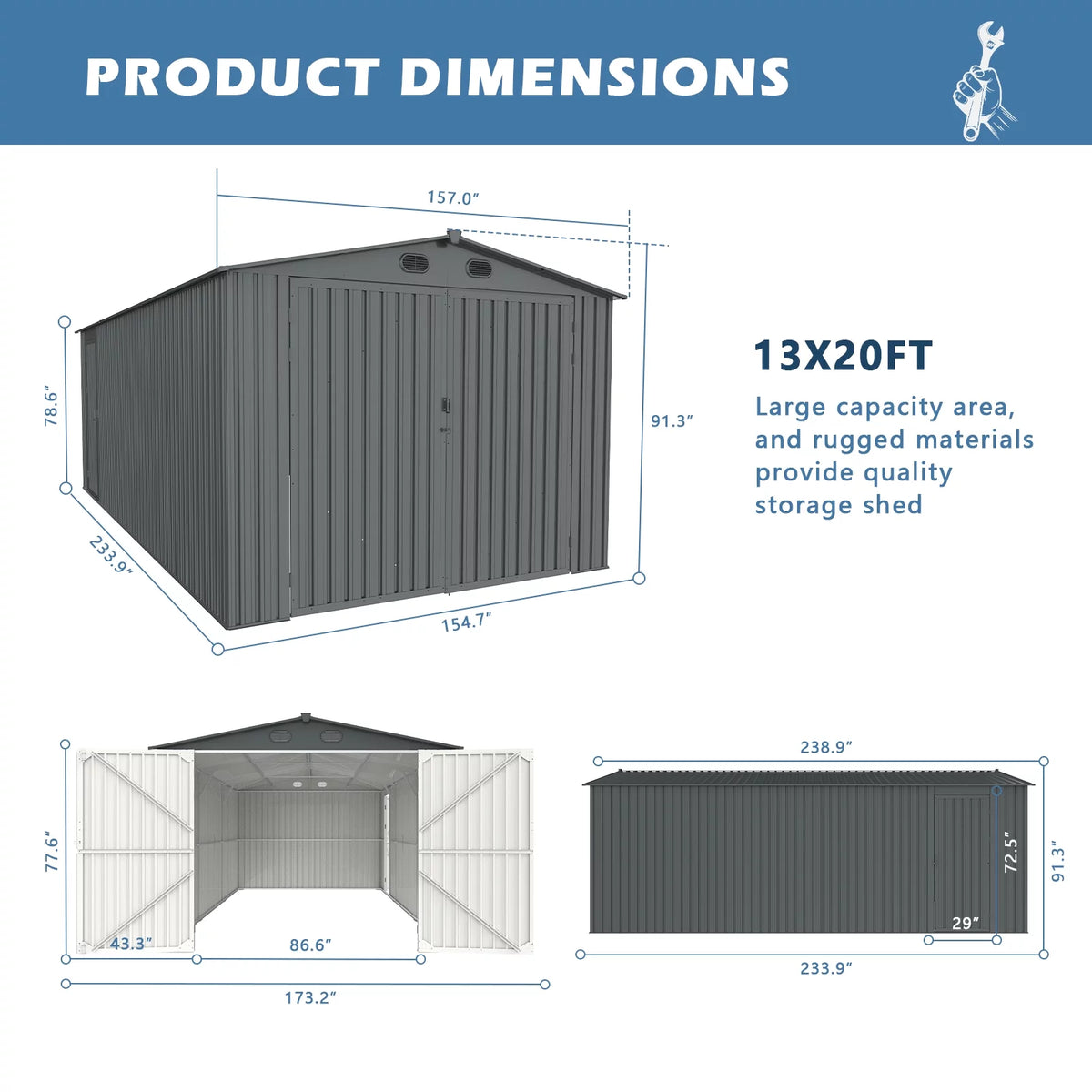 20x13 ft Metal Garage Shed with 2 Doors and 4 Vents M5652