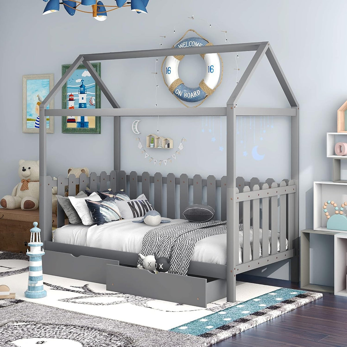 White Twin House Shape Wooden Floor Bed with Trundle C67920