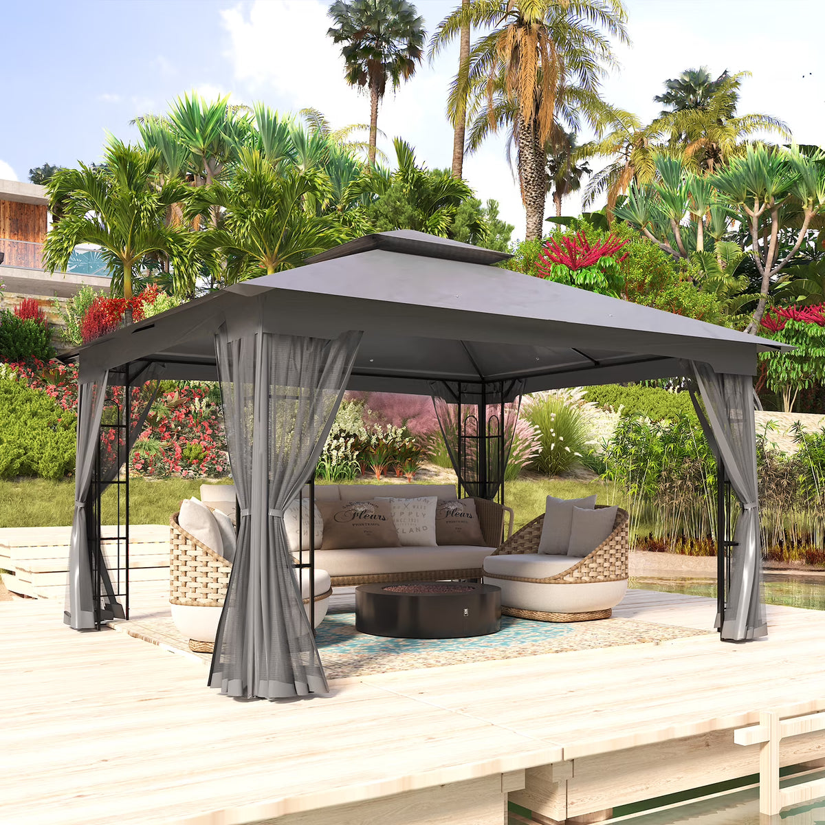 13x11 Patio Gazebo with Mosquito Netting, Two-Tier Canopy Tent L2758