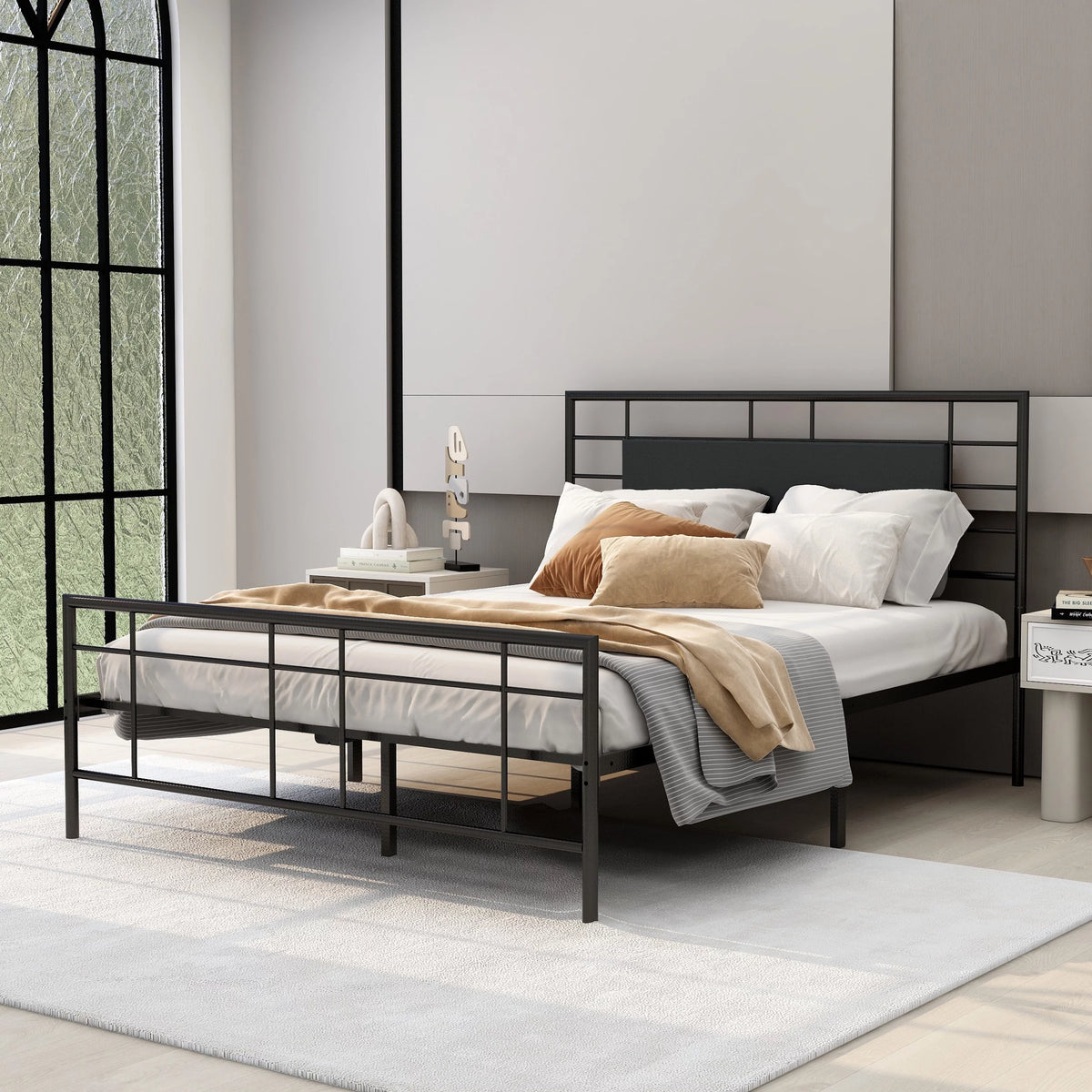 Queen Size Black Metal Platform Bed Frame with Leather Upholstered Headboard A180