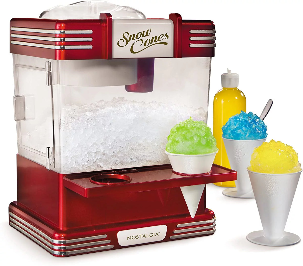 Retro Red Countertop Snow Cone Maker with 2 Reusable Plastic Cups & Ice Scoop C497415