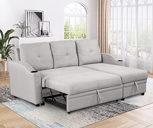 80.3" Linen Fabric 3 Seater Sofa Bed with Storage Chaise S3183