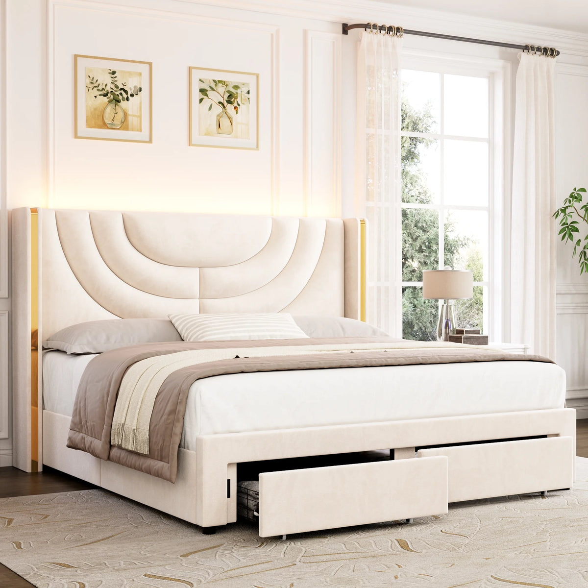 Full Size Velvet Upholstered Platform Bed Frame with 2 Drawers O860