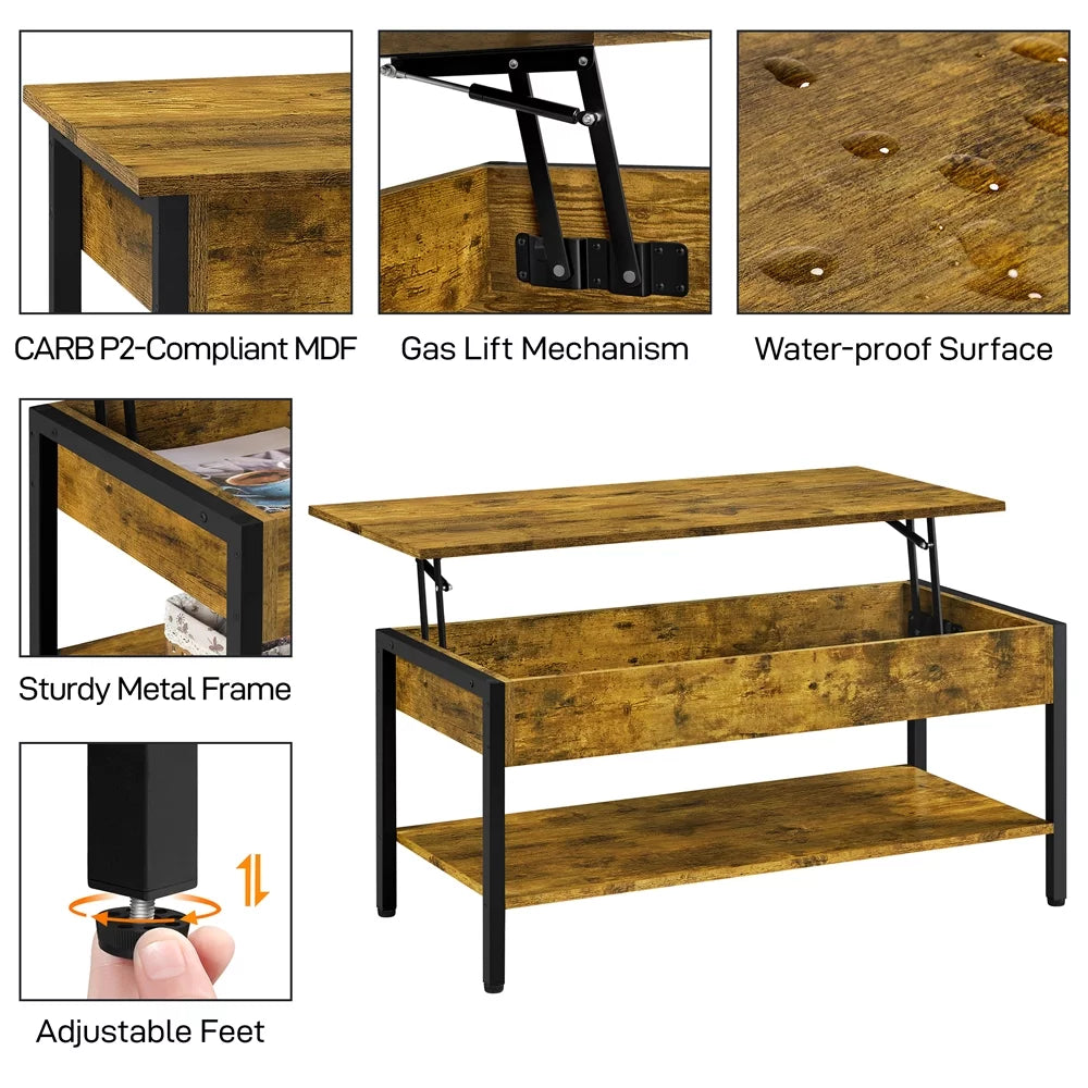 Rustic Brown Wood Lift Top Coffee Table with Hidden Compartment Q78737