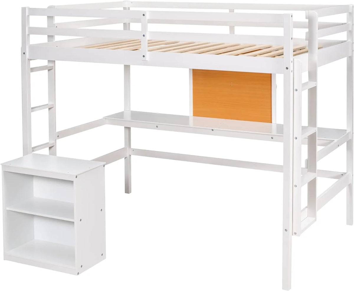 White Full Size Wood Loft Bed Frame with Desk and Storage Shelves B4709