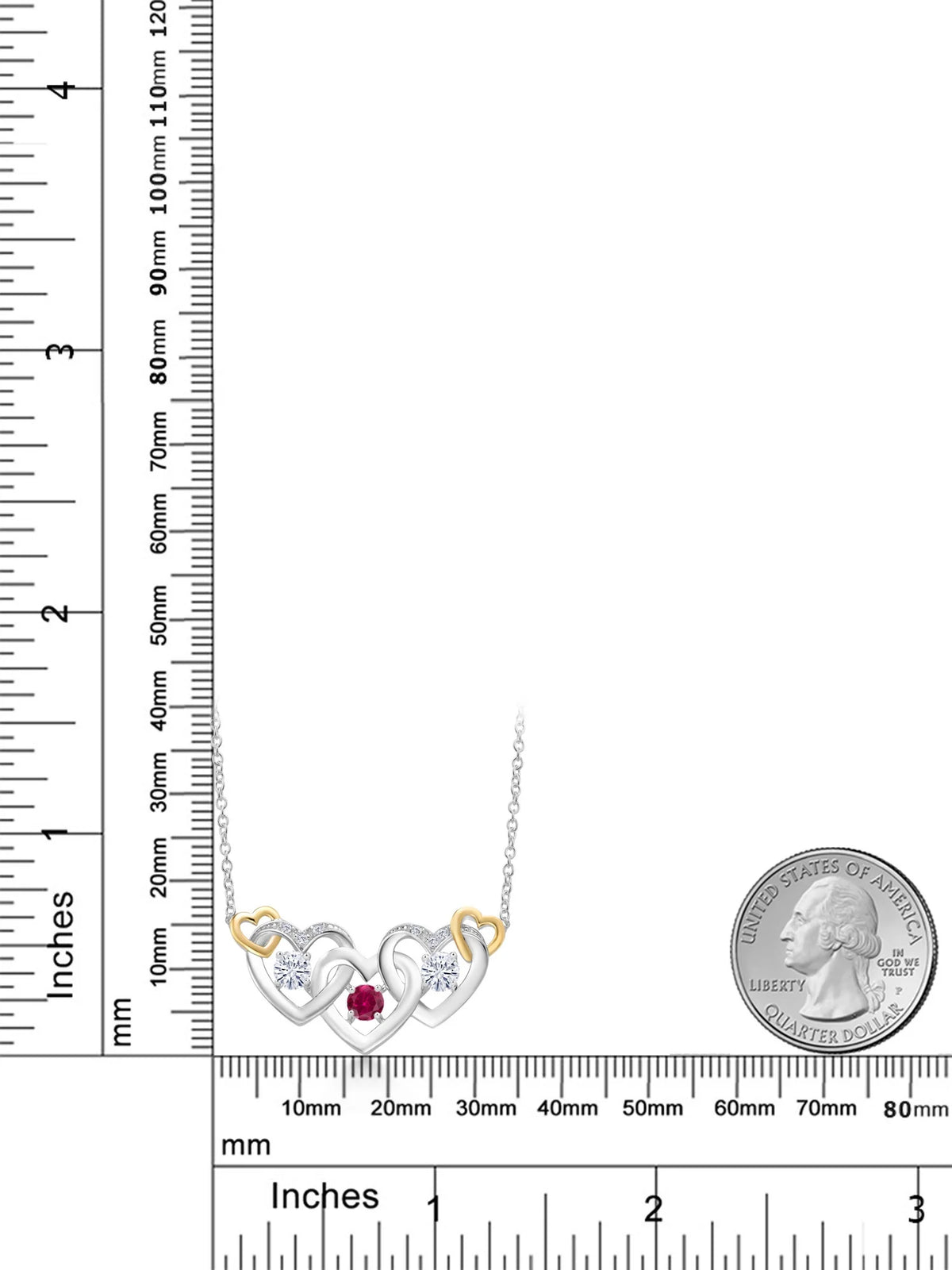 925 Silver and 10K Yellow Gold Red Created Ruby White Moissanite and White Lab Grown Diamond Heart Shape Pendant Necklace with 18 inch Chain O760