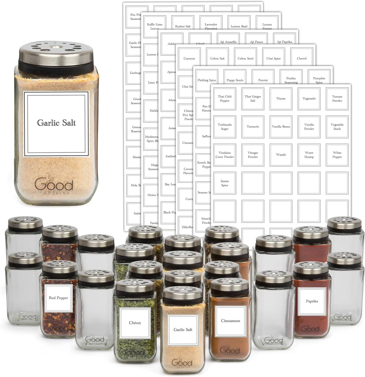 Adjustable Glass Spice Jars Set of 24 with 240 Preprinted Labels P6798