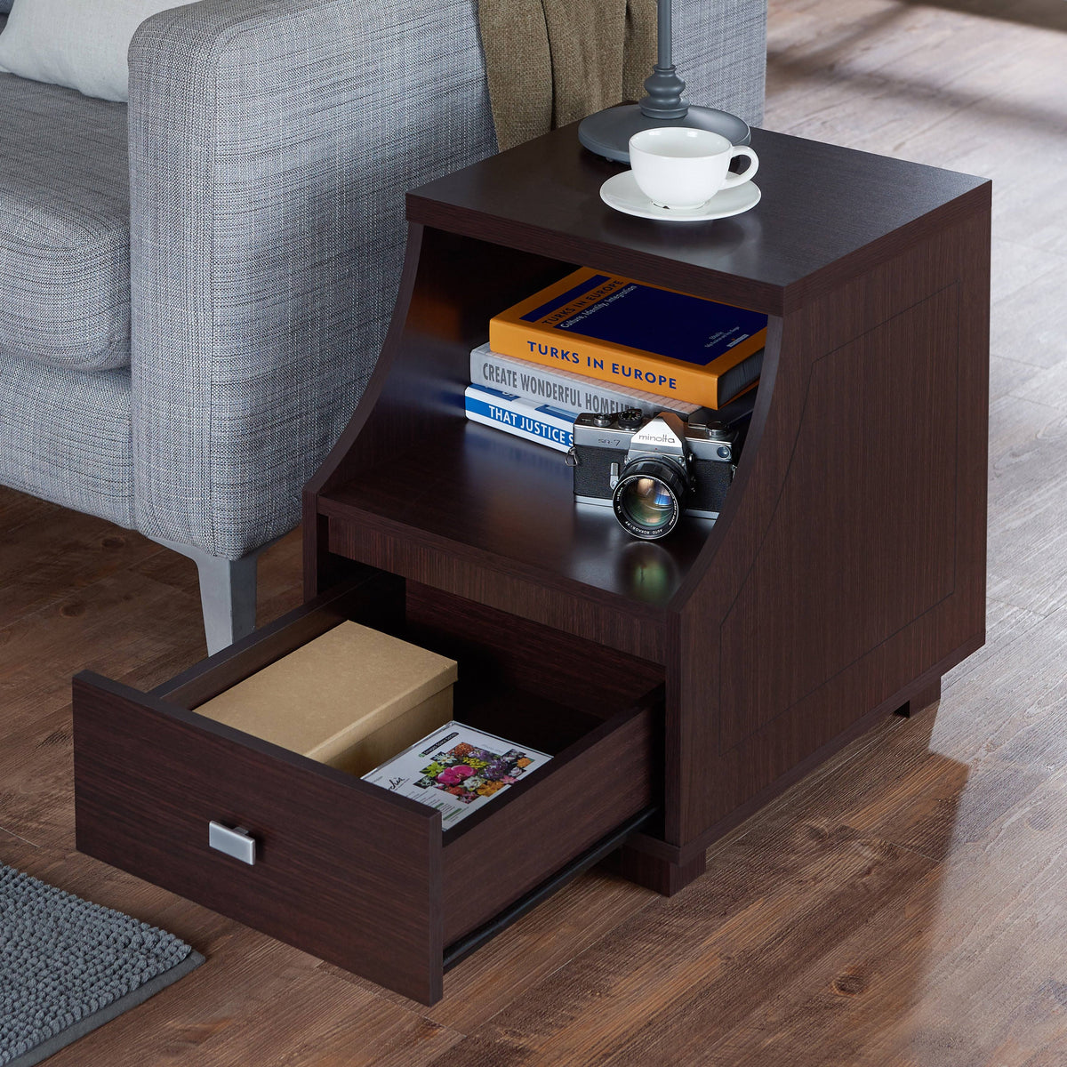 Modern Walnut 1-Drawer Storage End Table R5705