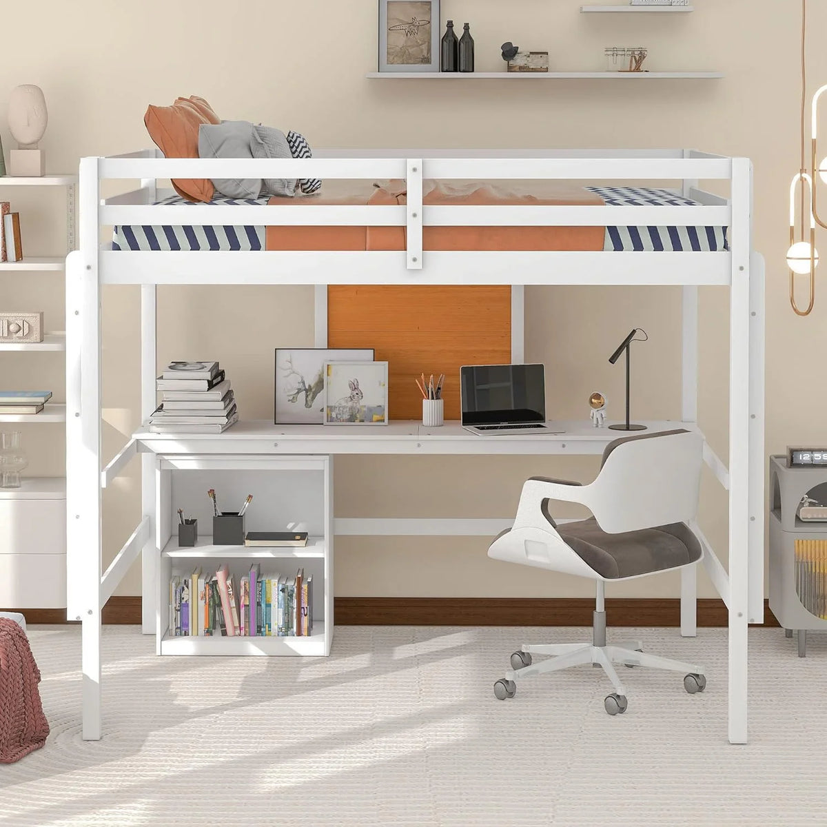 White Full Size Wood Loft Bed Frame with Desk and Storage Shelves B4709