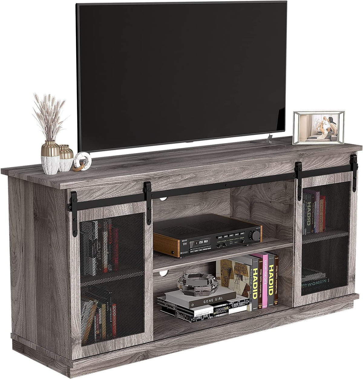 Farmhouse TV Stand with Sliding Barn Doors and Storage Cabinets (Brown) R23736