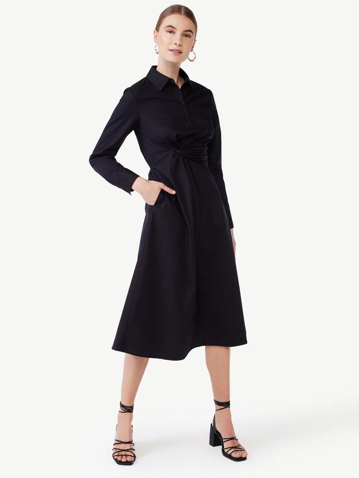 Women's Poplin Midi Shirt Dress with Long Sleeves C78863