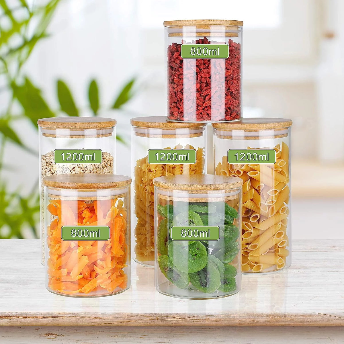 Set of 6 Airtight Borosilicate Glass Storage Jars with Bamboo Lids, 2 Sizes A198602