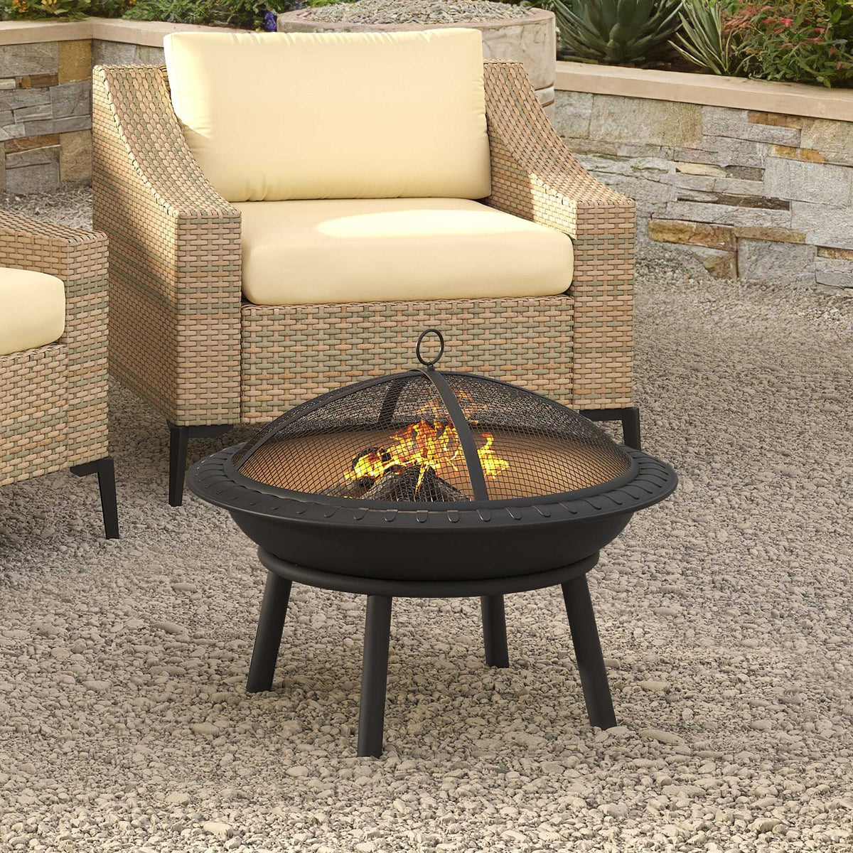 25" Wood-Burning Fire Pit Bowl with Spark Screen and Poker L1639