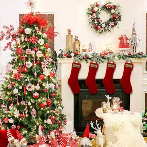 4 Pack 18 Inch Cable Knitted Christmas Stockings with Name Tags Red White K940