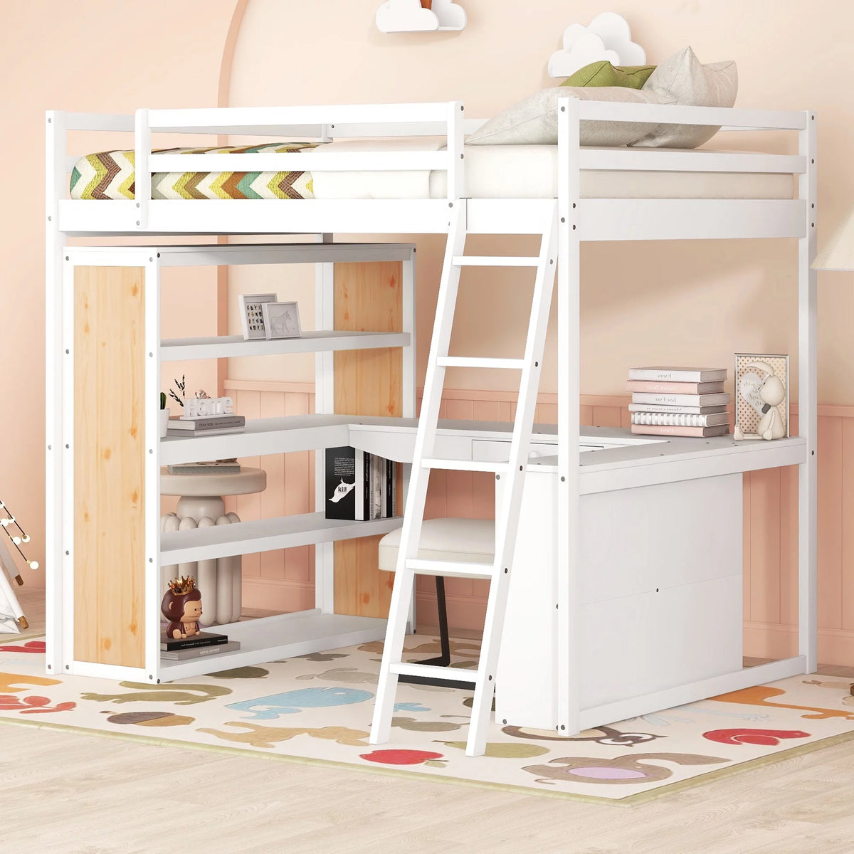 White Full Size Loft Bed with Ladder Shelves and Desk Q33028