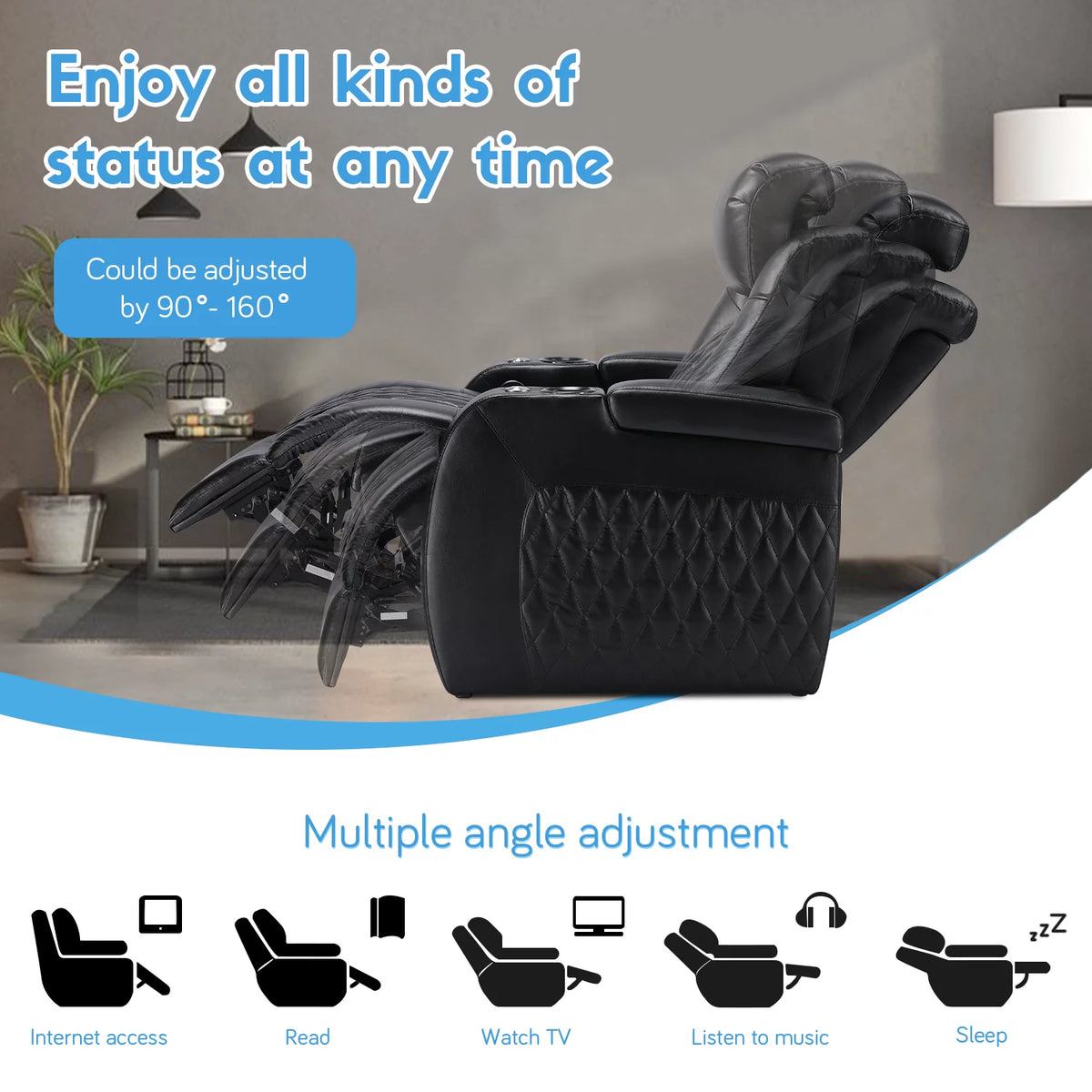Top Grain Leather Recliner Chair Row of 3 Black W7638