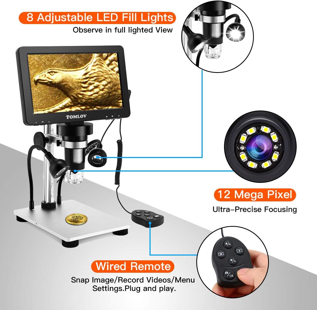7" LCD Digital Microscope 1200X 1080P 12MP with Metal Stand X1162