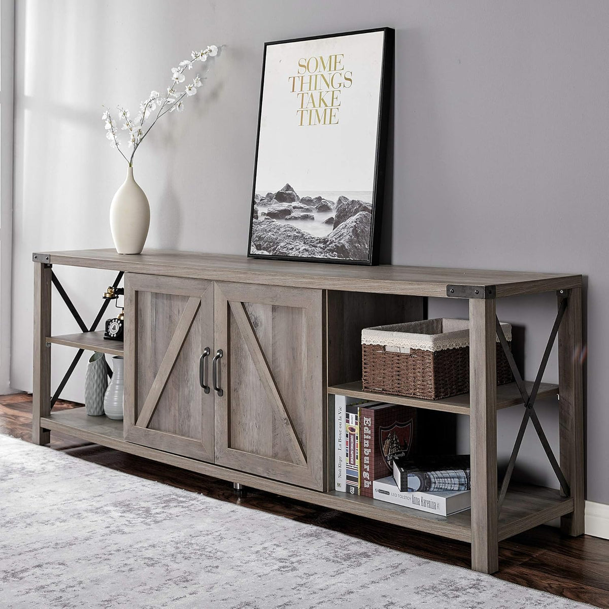 68 TV Stand Wood Metal TV Console with Storage Cabinets and Shelves R5454