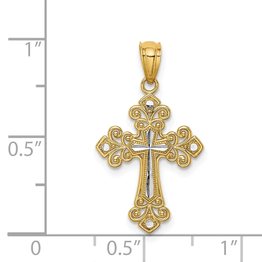 14K Two-Tone Gold Rhodium Plated Diamond Cut Cross Pendant With 14K Yellow Gold Rope Chain 20" R25529