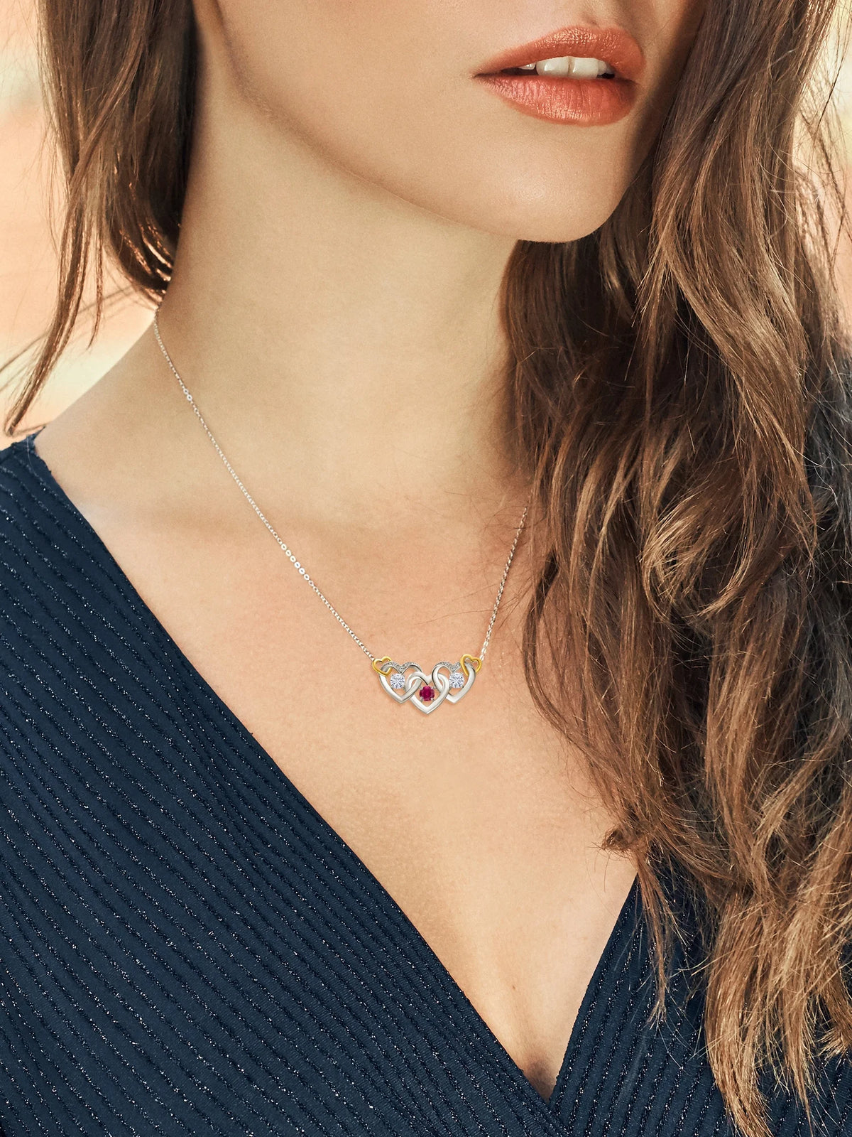925 Silver and 10K Yellow Gold Red Created Ruby White Moissanite and White Lab Grown Diamond Heart Shape Pendant Necklace with 18 inch Chain O760