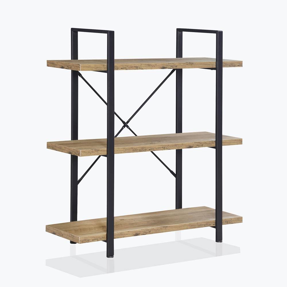 Rustic Oak 3 Shelves Wood & Metal Bookshelf C252165