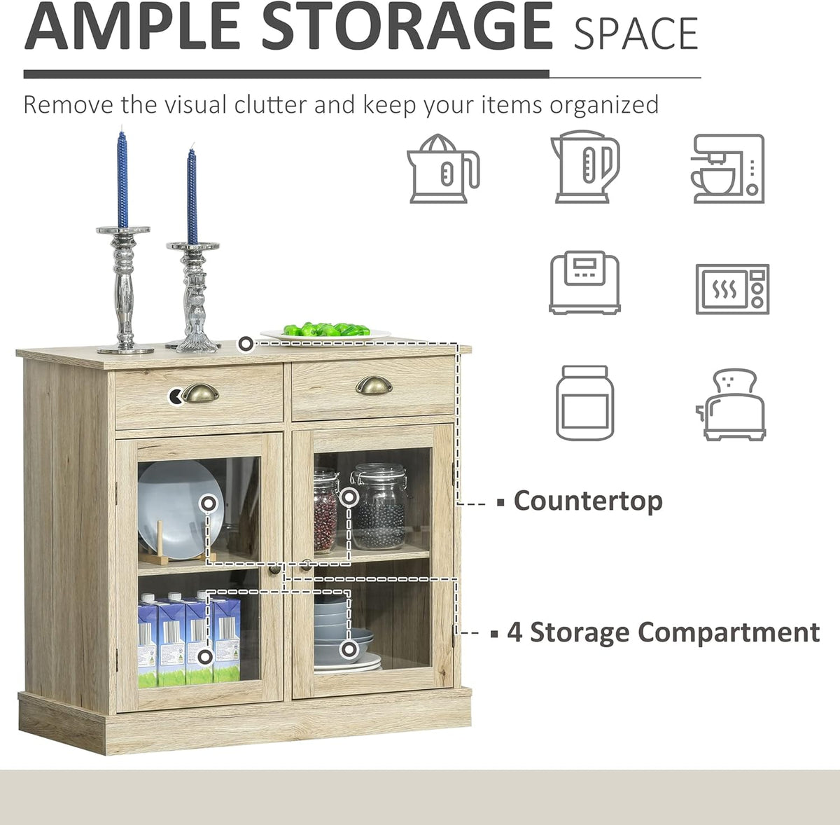 Rustic Oak Sideboard Storage Cabinet with 2 Glass Doors and 2 Drawers F39890