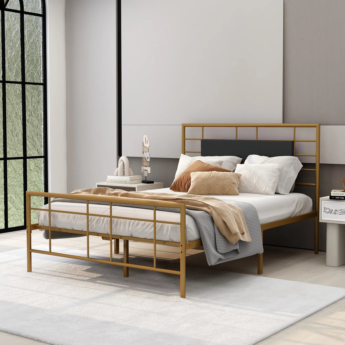 Queen Size Black Metal Platform Bed Frame with Leather Upholstered Headboard A180