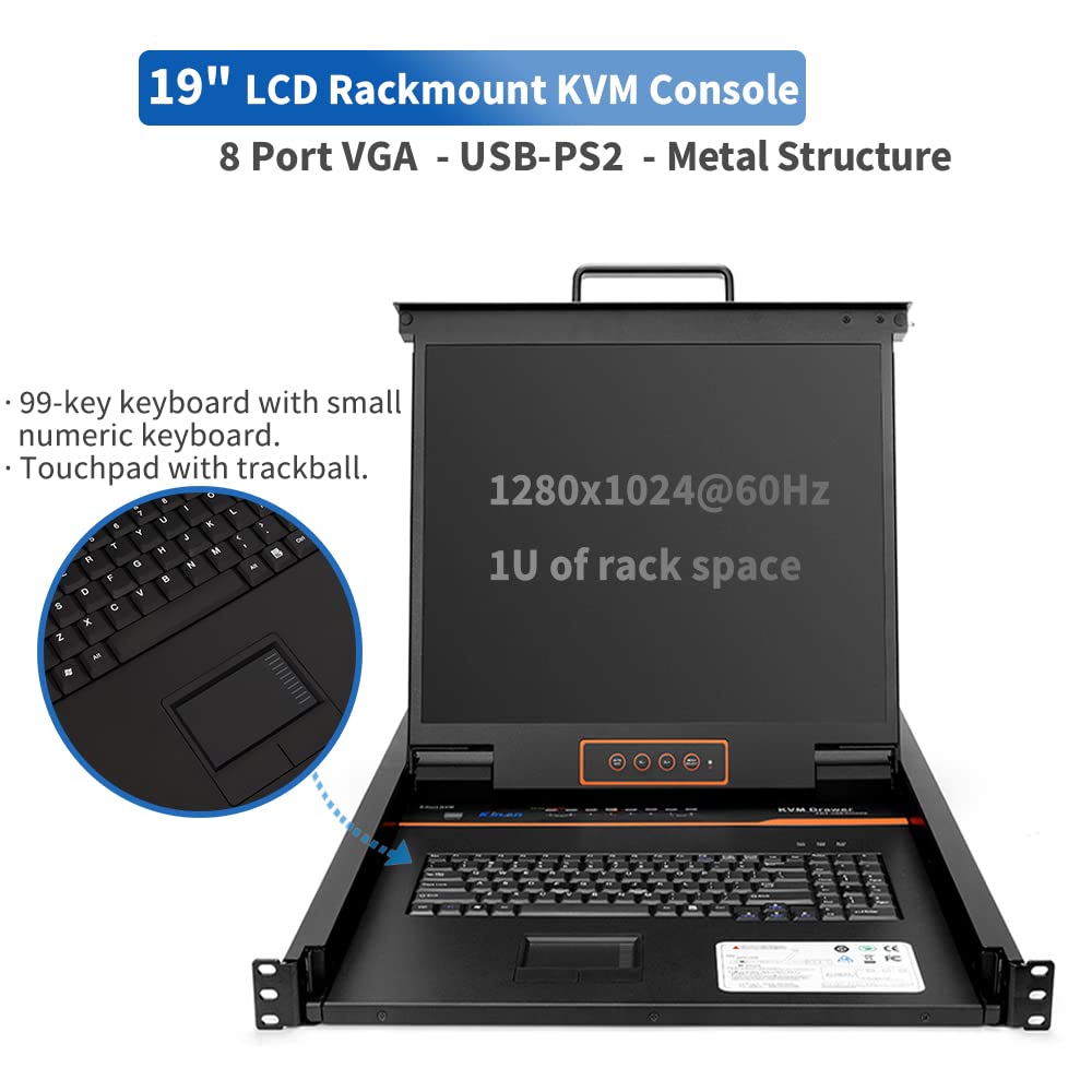 8 Port Rackmount KVM Console with 19 LCD Monitor, VGA, 1U, 1280×1024 W81562